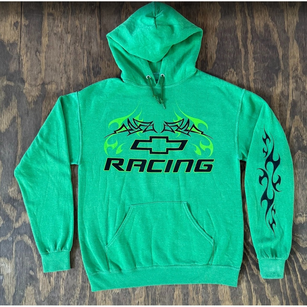 GM Chevrolet Racing Hoodie Men's S Green Y2K Tribal Flame Chevy Graphic